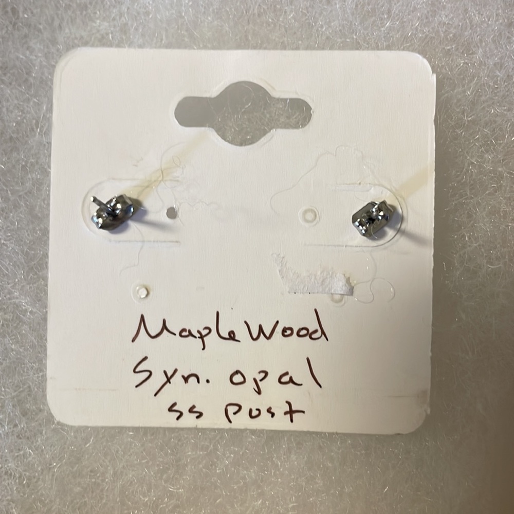 NWT Handcrafted Maplewood and Opal Circle Studs Sterling Silver Posts - Picture 3 of 5